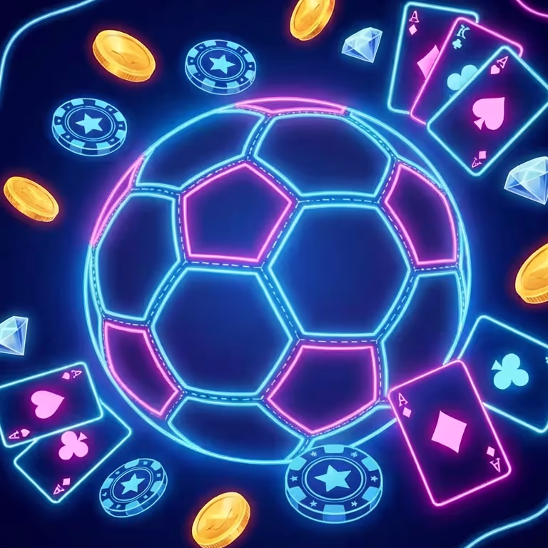 Neon-Fußball umgeben von Casino-Karten, Chips und Münzen, der den Sportsbook- und Sportwettenbereich im ShibuSpins Casino hervorhebt.